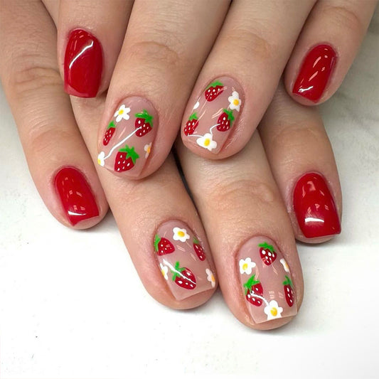 Summer Berry Delight Short Square Red Press on Nail Set with Strawberry and Flower Accents