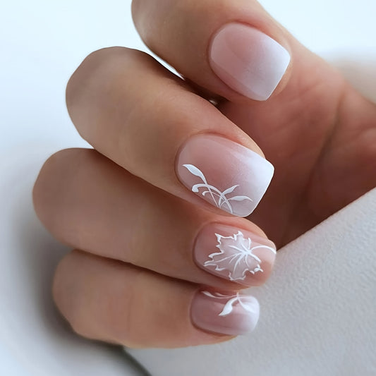 Tranquil Autumn Short Square Beige Press On Nail Set with White Leaf Design