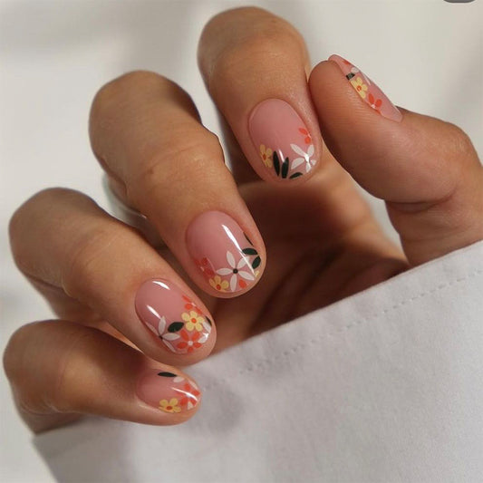 Spring Blossom Medium Oval Peach Floral Press On Nail Set with Hand-Painted Design