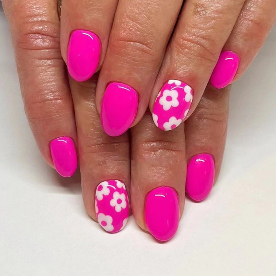 Spring Blossom Collection - Medium-Length Oval Hot Pink Press On Nail Set with Floral Accent Nail Design