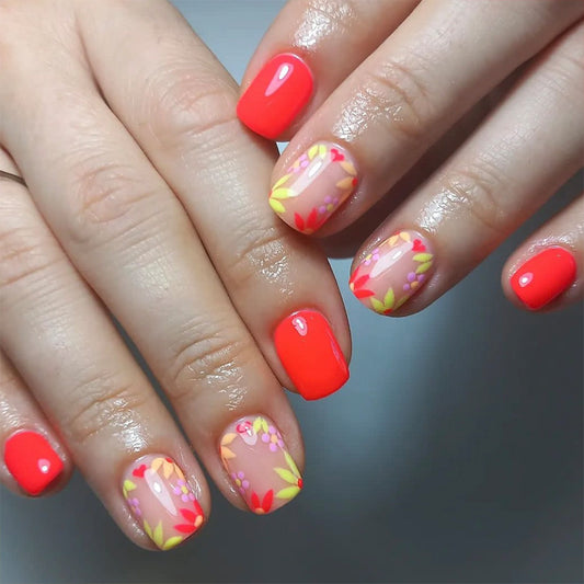 Tropical Escape Medium Length Square Press On Nail Set in Vibrant Coral with Floral Accent Designs