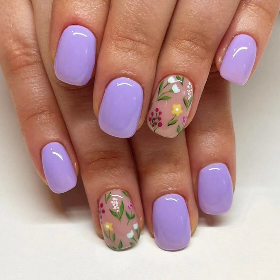 Spring Garden Short Oval Lavender Press On Nails with Floral Accent Design