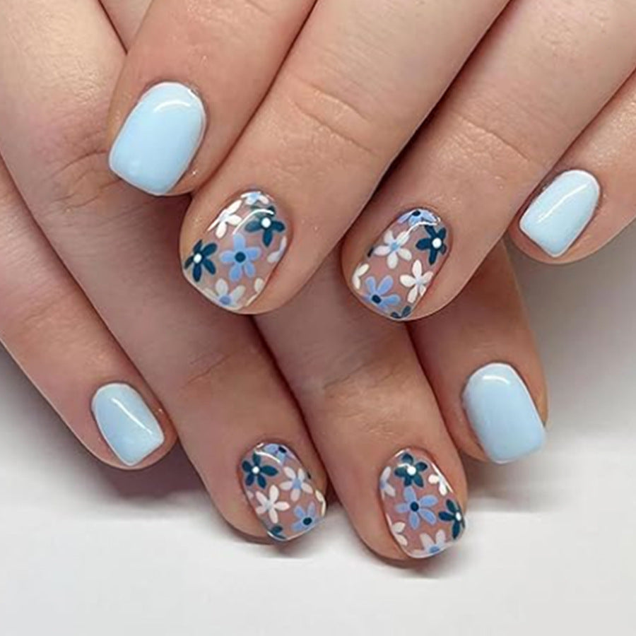 Springtime Blossom Collection Short-Length Round Light Blue Press On Nails with Floral Accent Design