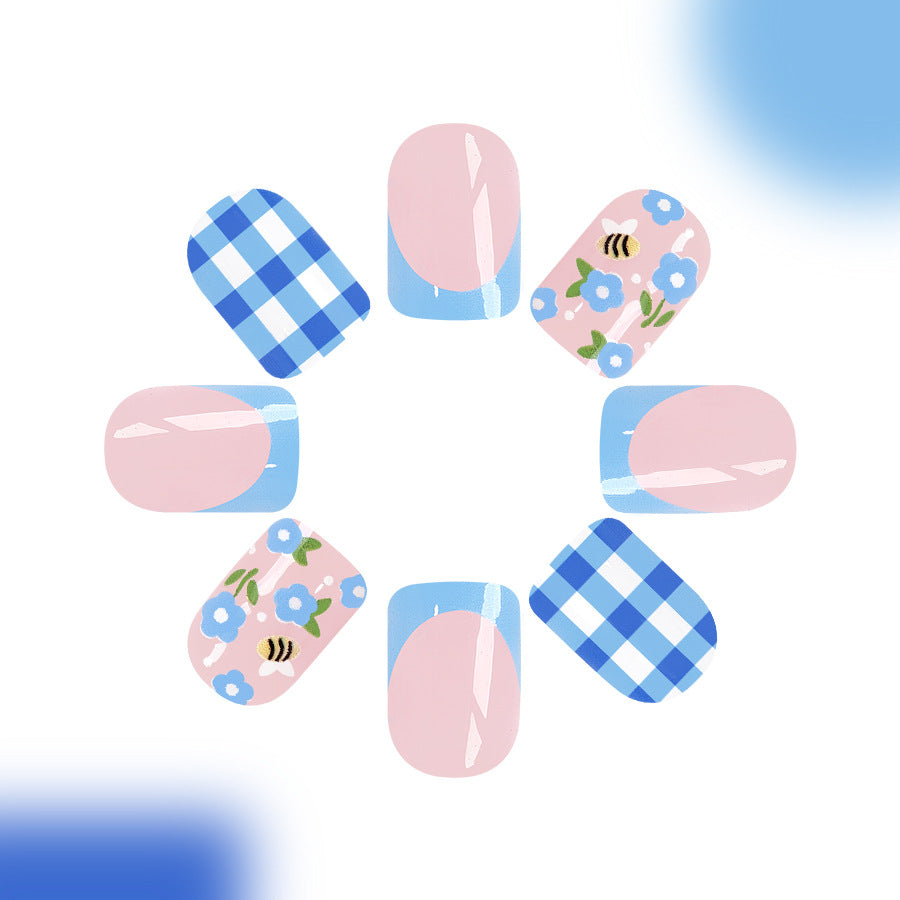 Spring Picnic Short Squoval Pink and Blue Checkered Bee and Floral Pattern Press On Nail Set