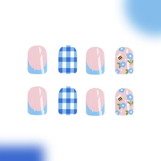 Springtime Blossom Short Squoval Pink and Blue Checkered Floral Bee Press On Nail Set