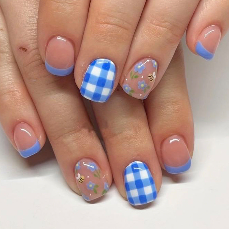 Spring Picnic Short Squoval Blue Gingham and Floral Pattern Press on Nail Set