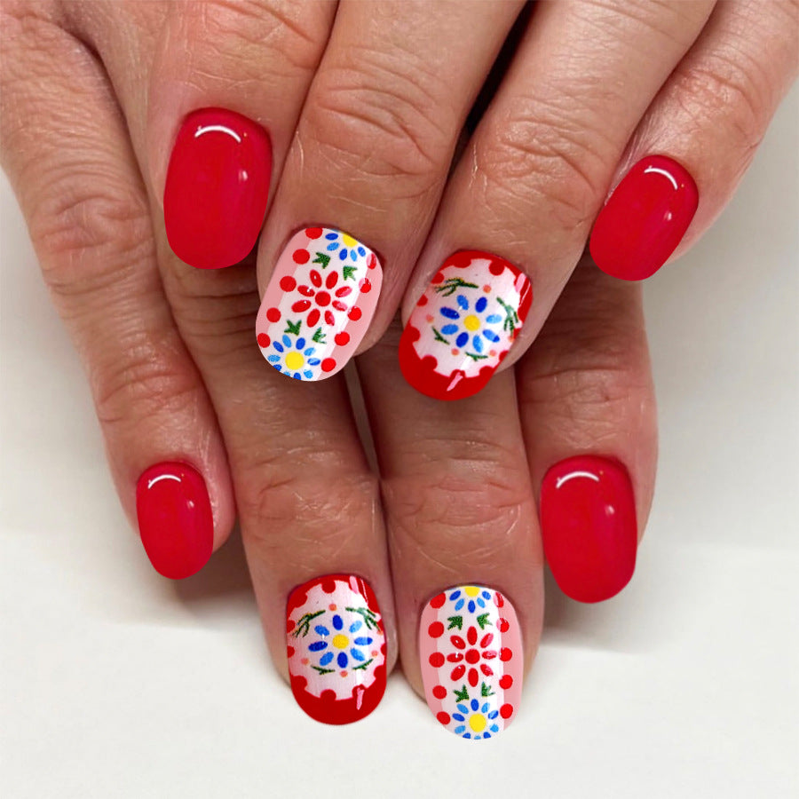 Spring Blossom Short Length Oval Red Press On Nail Set with Floral Accents