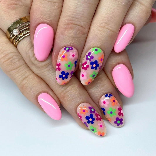 Spring Blossom Collection Long Oval Pink Press-On Nails with Floral Accents