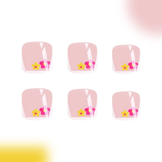 Spring Blossom Short Square Pink Press-On Nail Set with Floral Accents