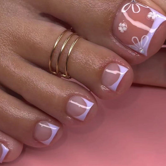 Spring Blossom Short Length Square Pink Press On Nail Set with Floral Accents and French Tip Design