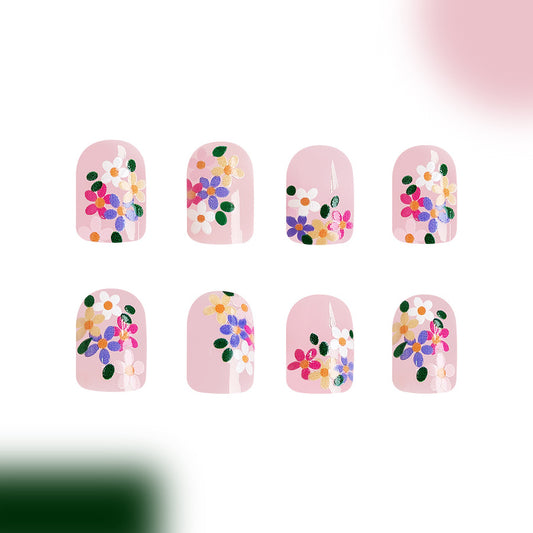 Spring Blossom Collection: Short Length Oval Pink Press On Nails with Multicolor Floral Accents