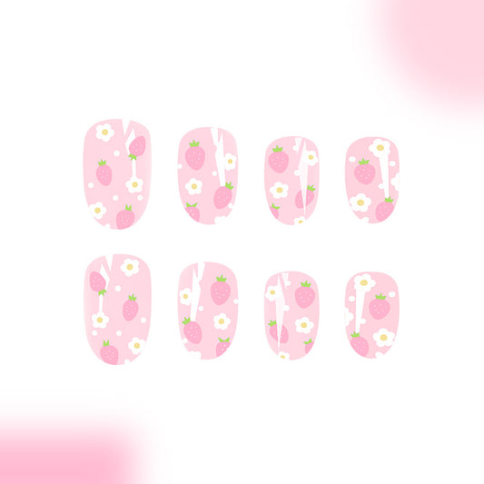 Spring Blossom Collection Medium Oval Pink Strawberry and Daisy Pattern Press On Nail Set