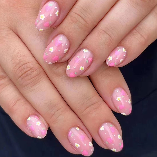 Spring Blossom Collection Medium Oval Pink Floral Glitter Press On Nail Set