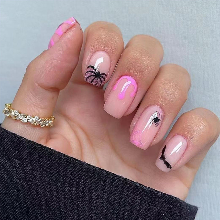 Summer Flair Medium Length Square Pink Press On Nails with Tropical Palm and Flamingo Accents