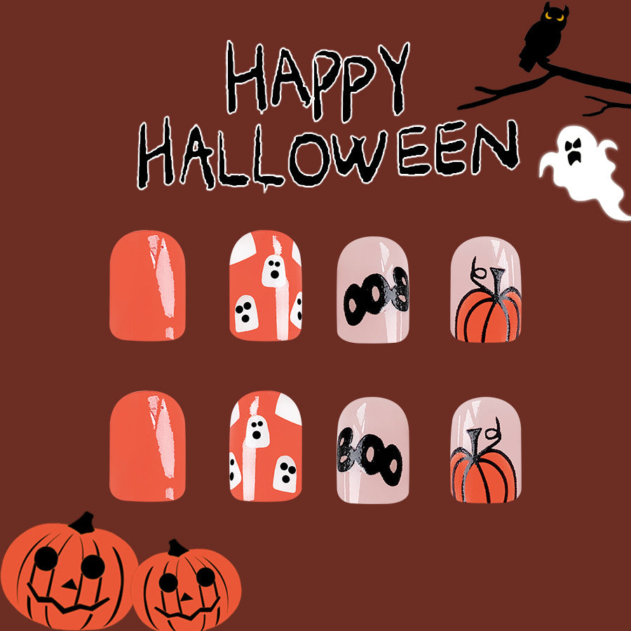 Spooky Chic Short Square Orange Press On Nail Set with Halloween Ghost and Pumpkin Art Design