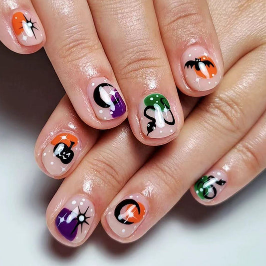 Spooky Splendor Short Oval Multicolor Press On Nail Set with Halloween Characters Design