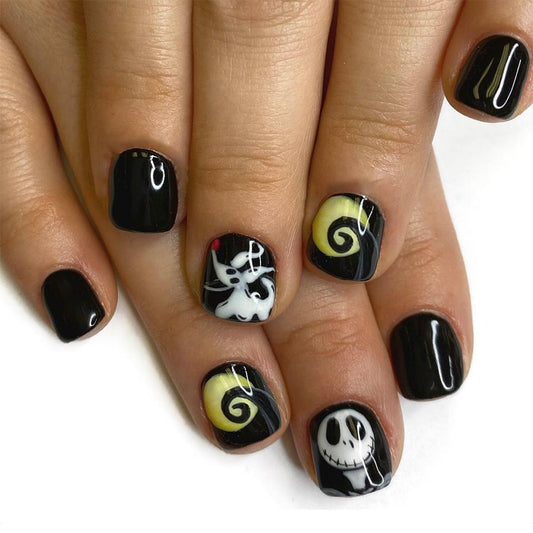 Spooky Elegance Short Square Black Press On Nail Set with Halloween-Themed Artwork Design