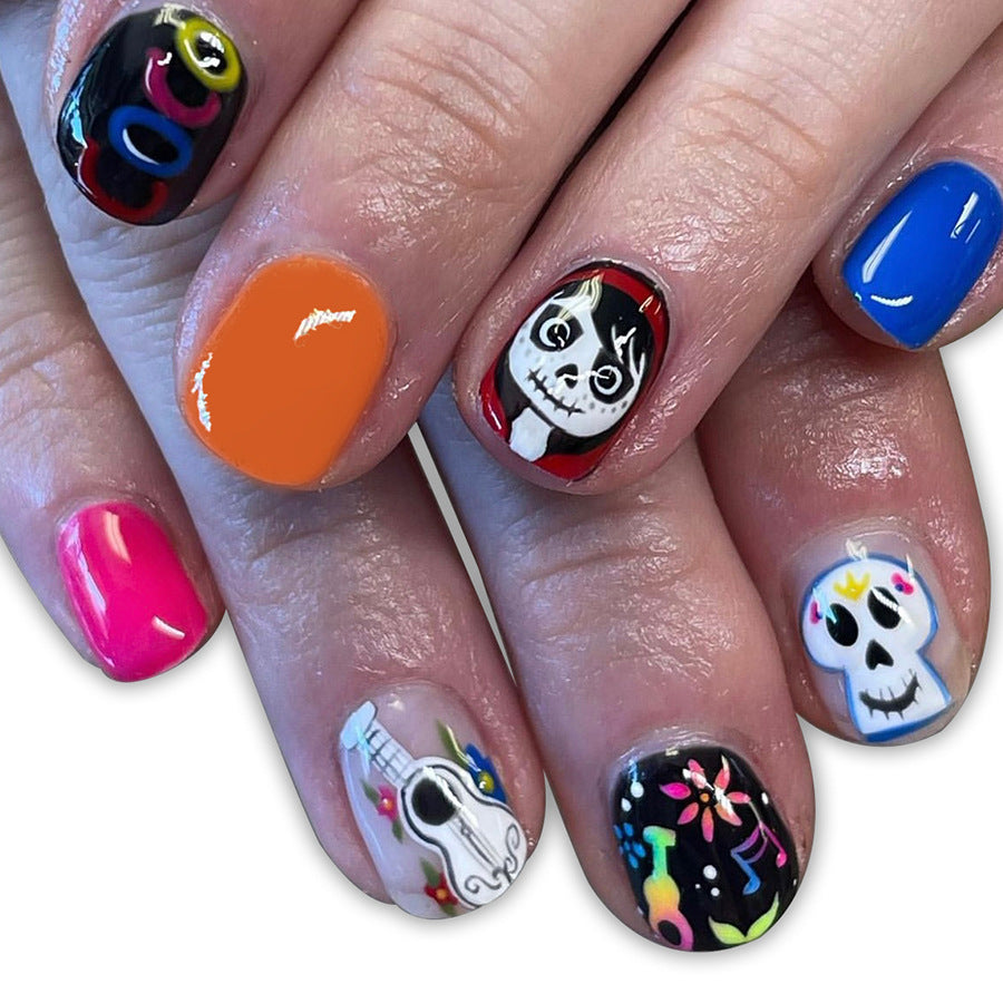 Day of the Dead Celebration Short Length Round Press On Nail Set with Vibrant Multi-Color Designs and Skull Accents