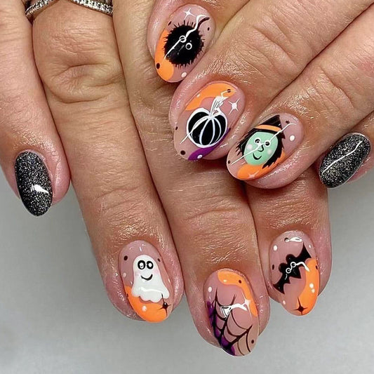 Spooky Halloween Press On Nail Set Medium Oval Style Multicolor with Fun Ghost and Witch Designs