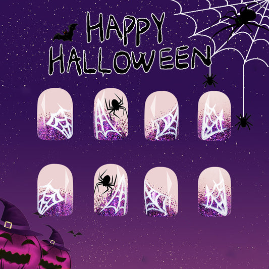 Spooky Halloween Medium Square Purple Gradient Press On Nail Set with Spider and Web Design