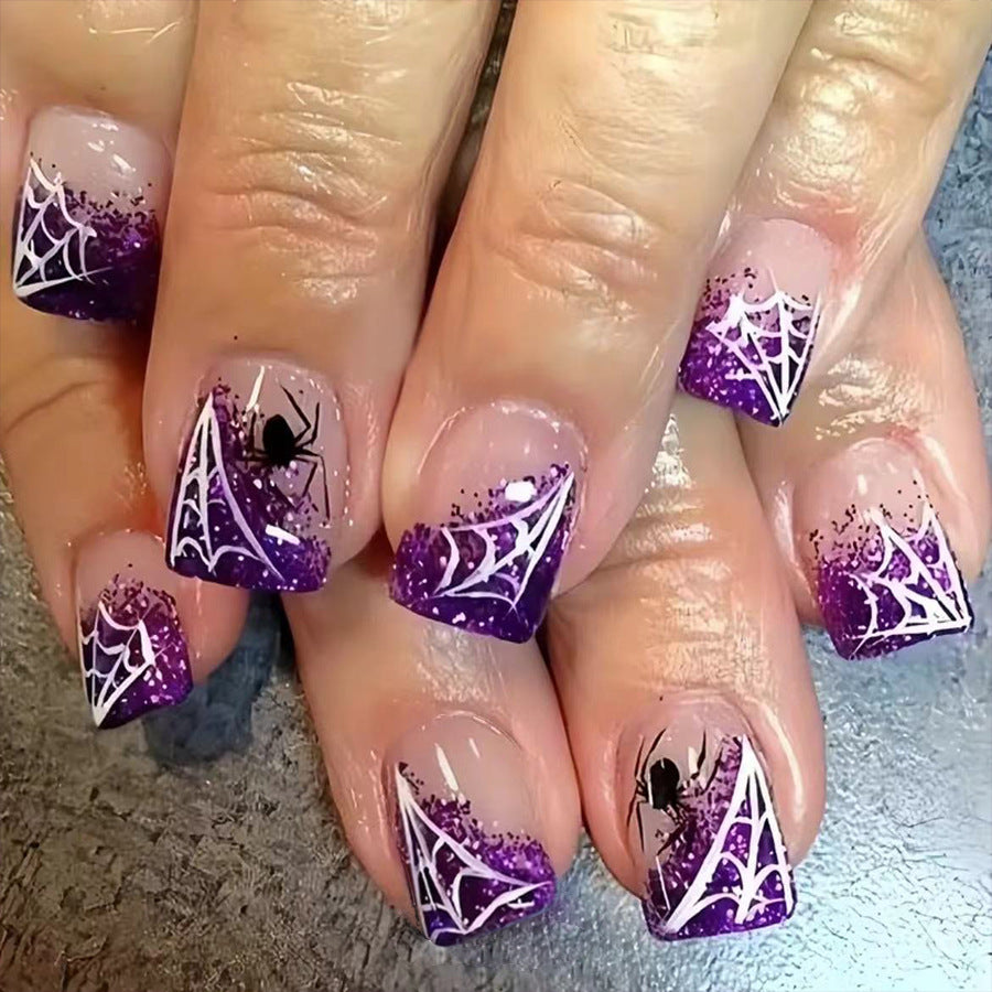 Spooky Spiderweb Medium Square Purple Glitter Press On Nail Set with Intricate Design