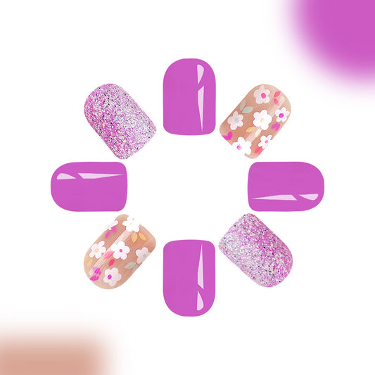 Whimsical Garden 1 Short Square Purple Glitter and Floral Press On Nail Set