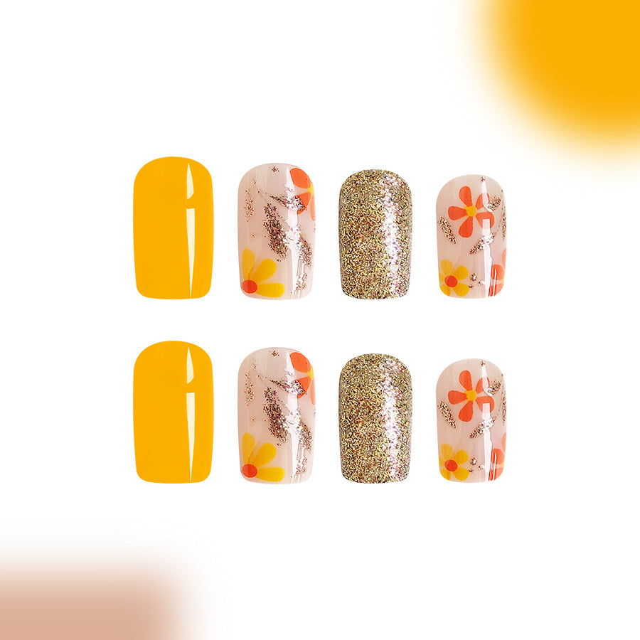 Sunny Floral Delight Medium Square Yellow Glitter and Floral Press On Nail Set