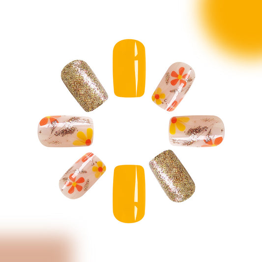 Sunshine Dreams Short Square Yellow Glitter Flower Press On Nail Set