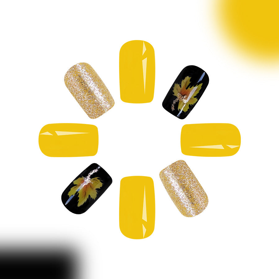 Sunshine Vibes Medium Square Yellow Glitter and Floral Press On Nail Set