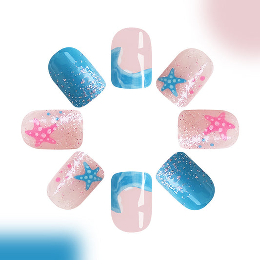 Under the Sea Bliss Short Square Blue Pink Press On Nails with Glitter and Starfish Design