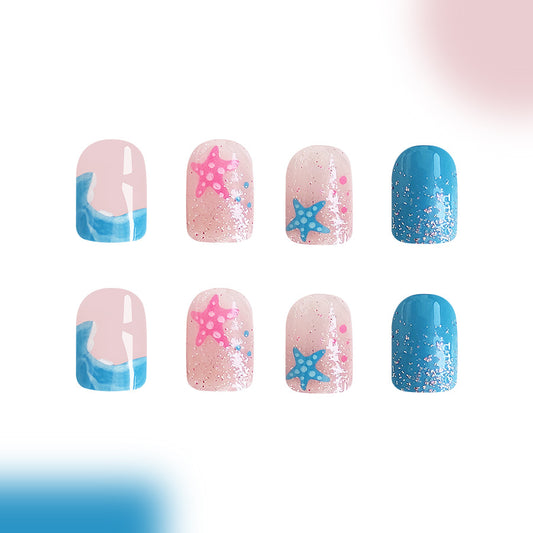 Tropical Paradise Short Square Light Pink and Blue Press On Nail Set with Glittering Starfish Design