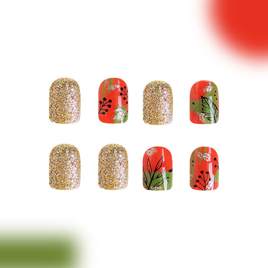 Vibrant Nature Inspired Short Oval Red and Green Press On Nail Set with Glitter and Floral Designs