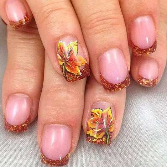 Autumn Elegance Medium Square Peach and Glittery Orange with Leaf Design Press On Nail Set