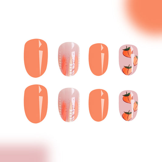 Peach Paradise Medium Oval Orange Press On Nail Set with Playful Fruit Design