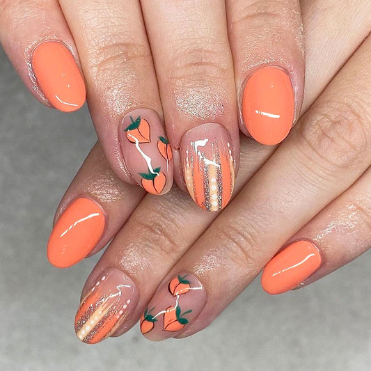 Peach Paradise Medium Oval Bright Orange Press On Nail Set with Fruit Design and Glitter Accents