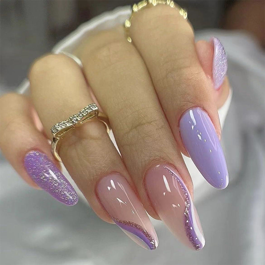 Dreamy Lavender Elegance Long Almond Shaped Press On Nail Set with Glitter Accents