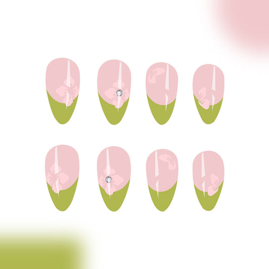 Floral Serenity Long Almond Press On Nail Set Pink and Green with Rhinestone Accents