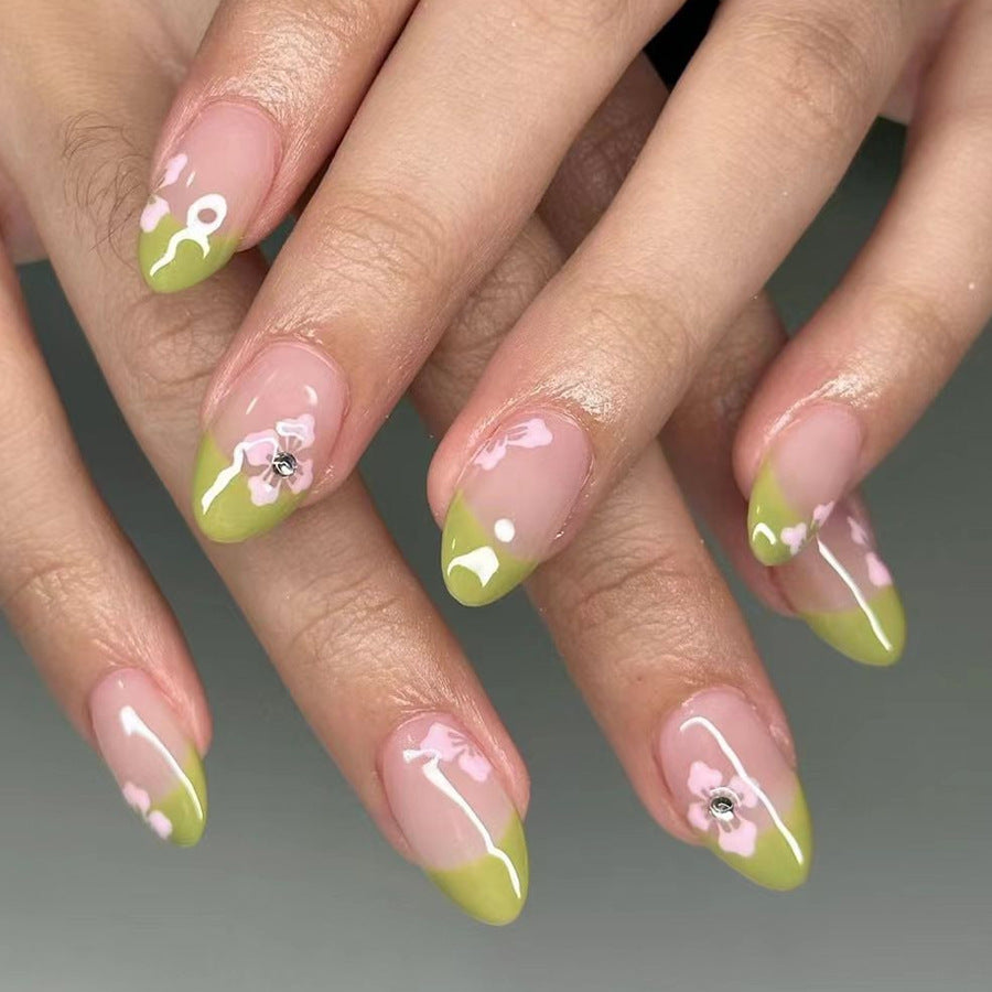 Blossom Garden Long Almond Shape Green and Pink Floral Press On Nail Set with Rhinestone Accent