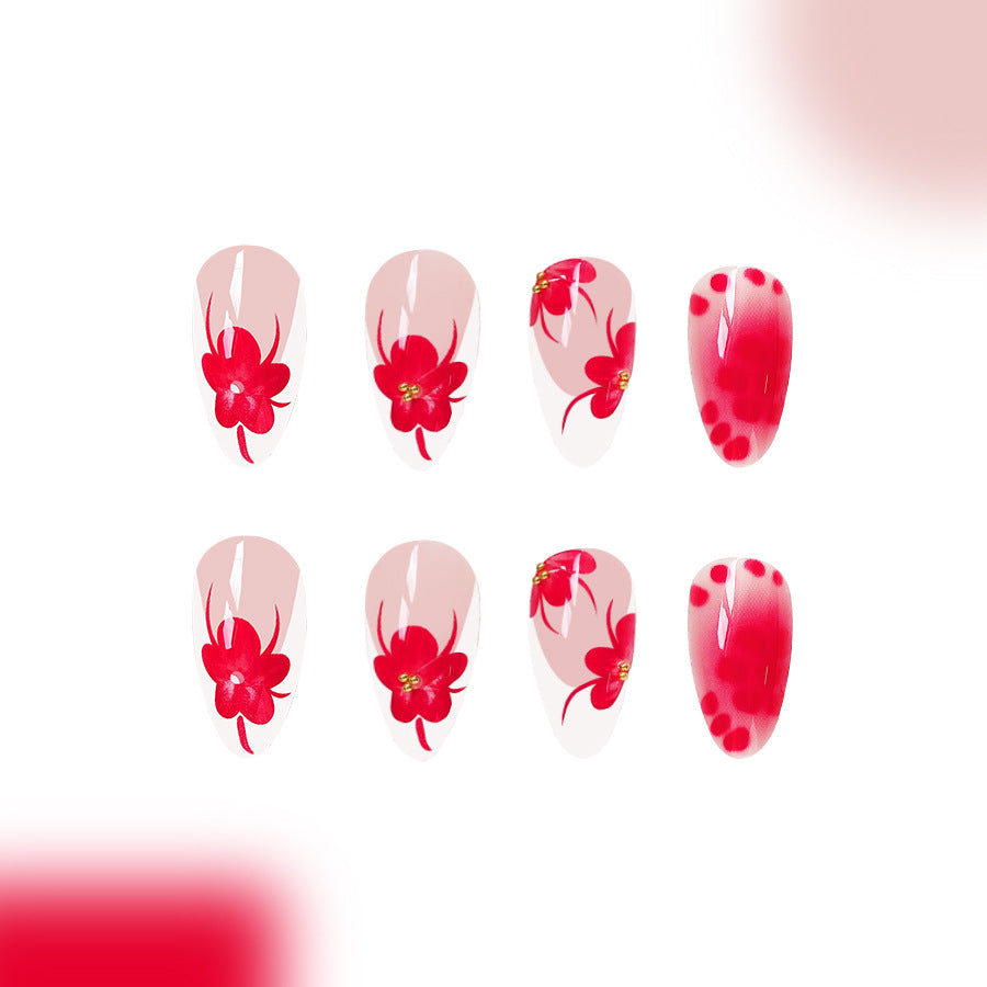 Dreamy Floral Elegance Long Stiletto Shaped Red Press On Nail Set with Stunning Flower Designs