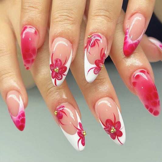 Blossom Beauty Long Stiletto Press On Nail Set Red Pink Floral Design with Gem Accents