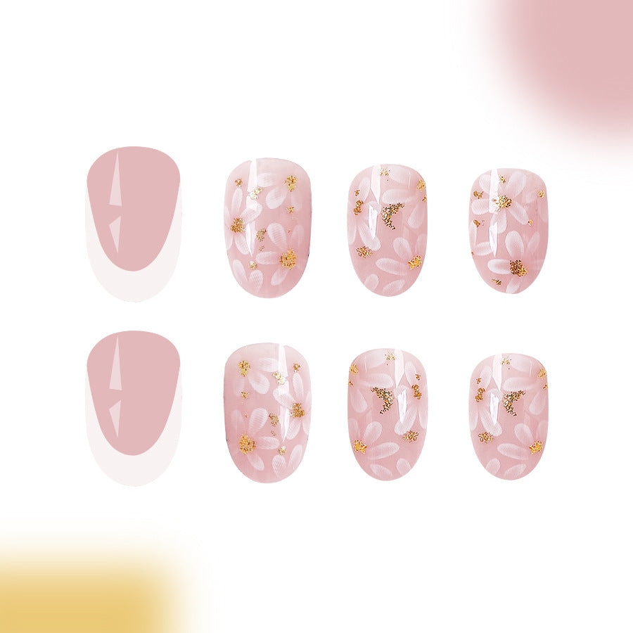 Blossoming Meadow Long Almond Pink Floral Press On Nail Set with Gold Accents