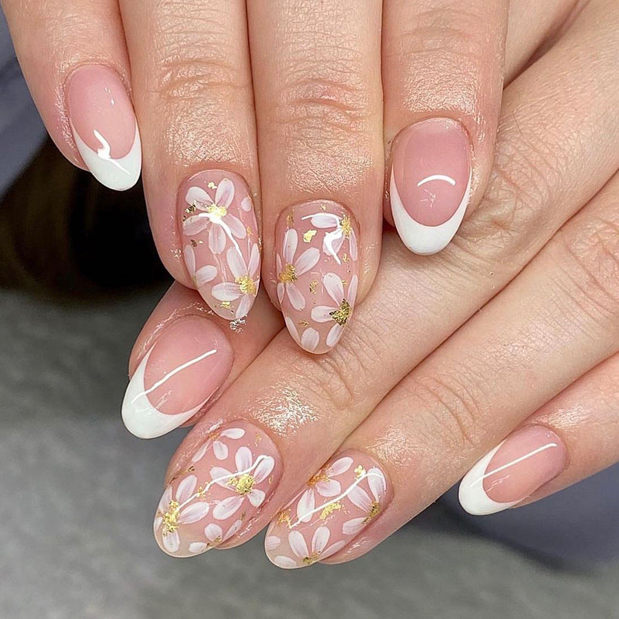 Enchanted Garden Long Almond Pink Floral Press On Nail Set with Gold Accents