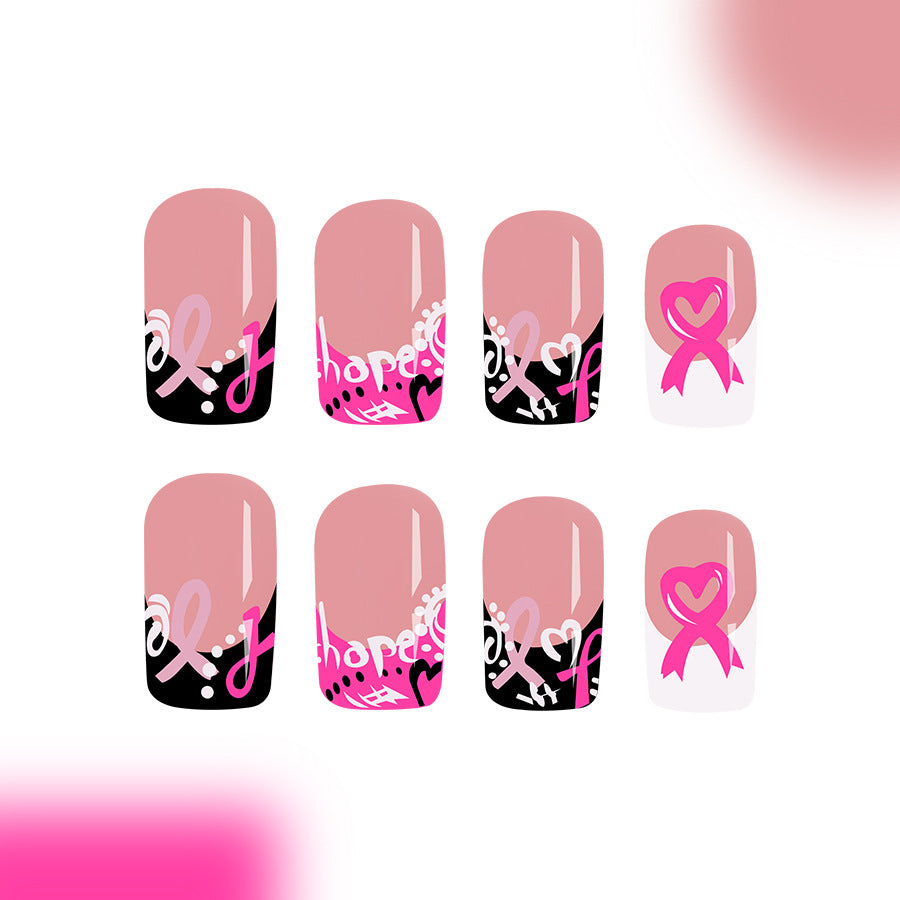 Hopeful Charm Long Square Beige Pink Press On Nail Set with Breast Cancer Awareness Design