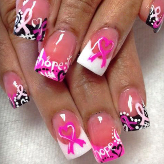 Hopeful Elegance Long Square Pink and Black Press On Nail Set with Inspiring Ribbon Design