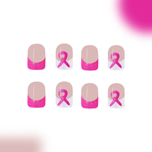 Pink Ribbon Celebration Square Medium Press On Nail Set with Glitter Accent and Unique Breast Cancer Awareness Design