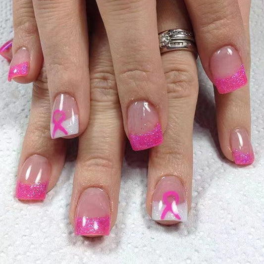 Pink Ribbon Celebration Square Press On Nail Set Medium Length Bold Pink Glitter and Pink Ribbon Design