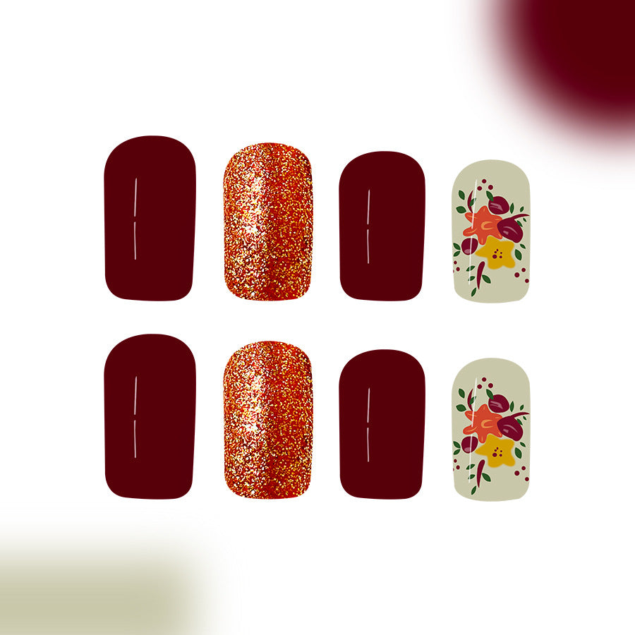 Autumn Elegance Press On Nail Set Long Square Glitter and Floral Design