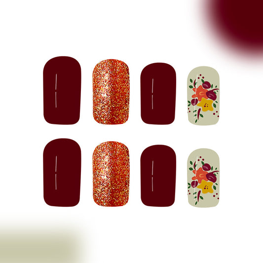 Autumn Elegance Press On Nail Set Long Square Glitter and Floral Design