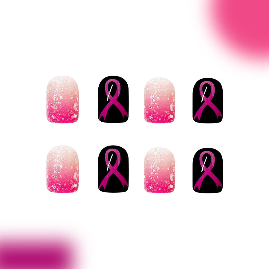 Feminine Bliss Medium Square Pink Ombre and Black Design with Awareness Ribbons Press On Nail Set