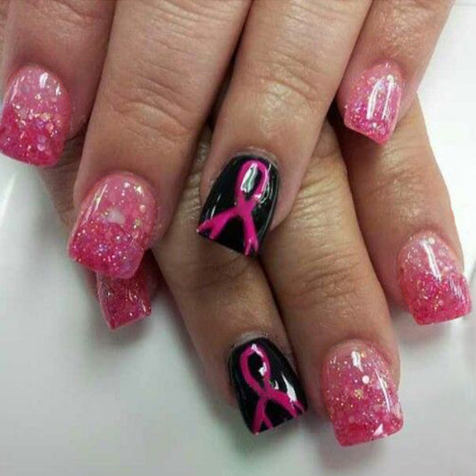 Pink Ribbon Celebration Medium Square Press On Nail Set with Glitter and Black Accent Design